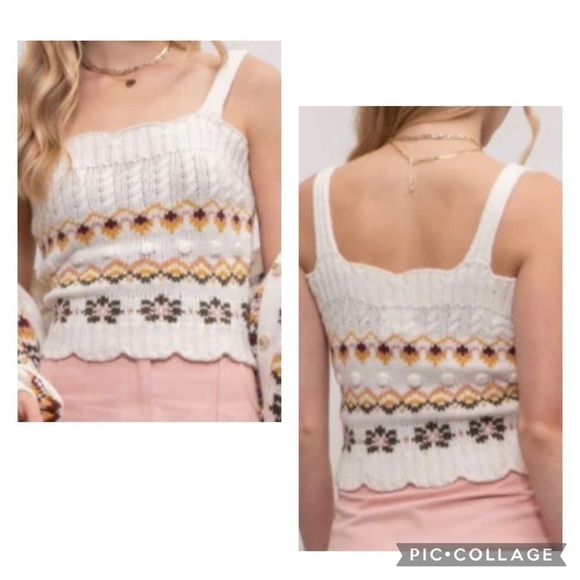 BLU PEPPER COZY LIFE Women’s Ivory Fair Isle Floral Knit Sweater Tank Size Large - Picture 1 of 6
